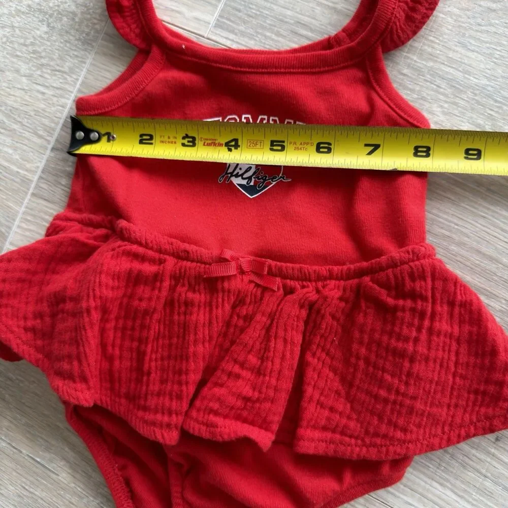 Tommy Hilfiger Baby Red Ruffle Bodysuit Dress Heart Logo 0-3M USA Preppy Classic